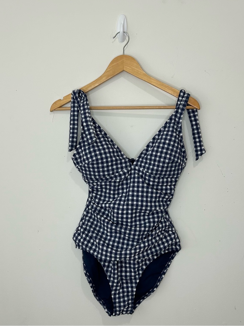 Ellen Tracy One Piece Swimsuit Womens XS Navy White Gingham Tummy Control